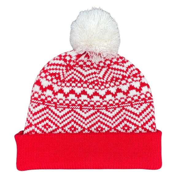 Old Navy Fair Isle Pom Beanie Sweater Knit Scandi Girl Red White One Size OS - Picture 1 of 12